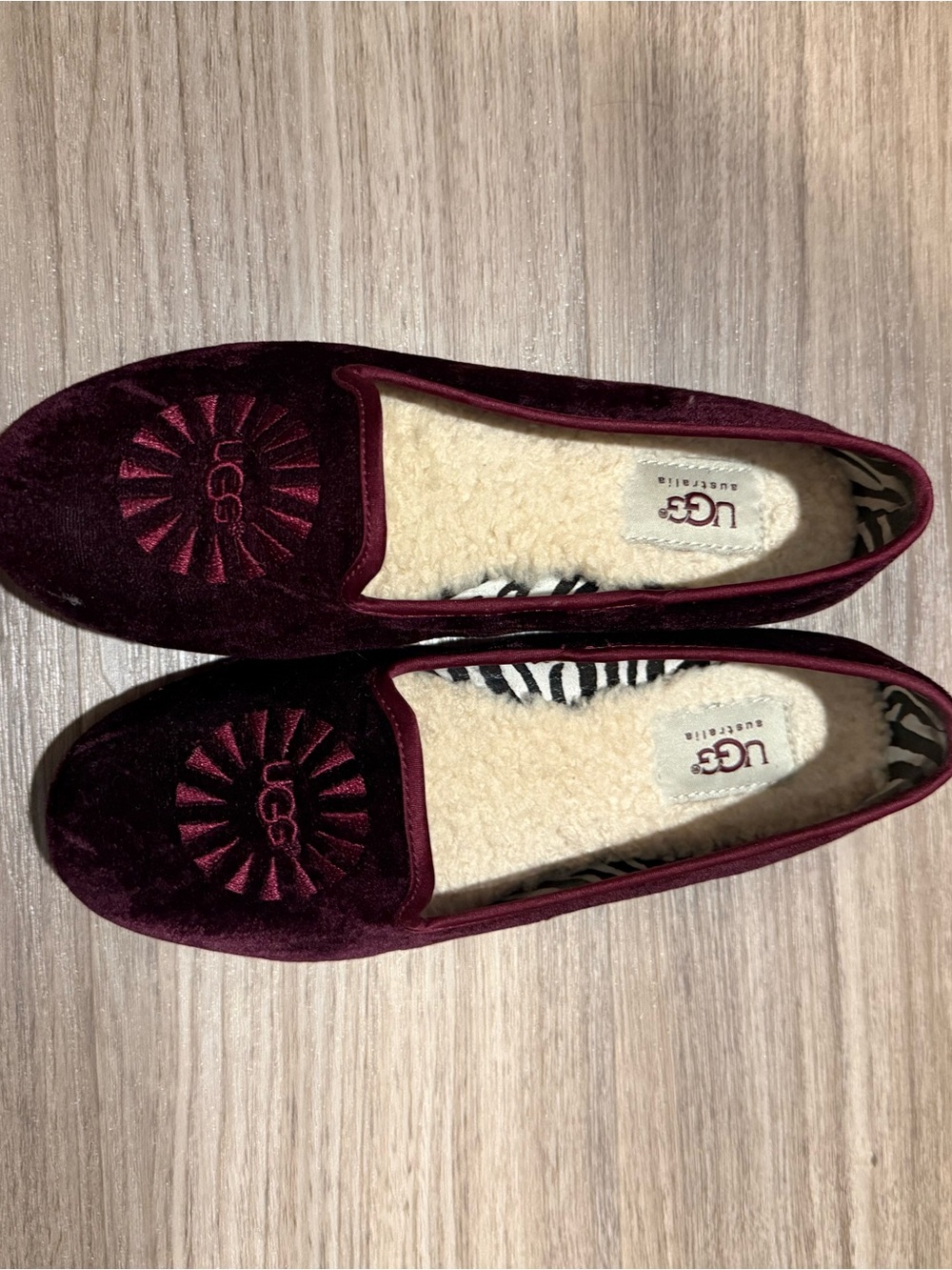 UGG Women’s Burgundy Velvet Slip-Ons with Embroidered Logo